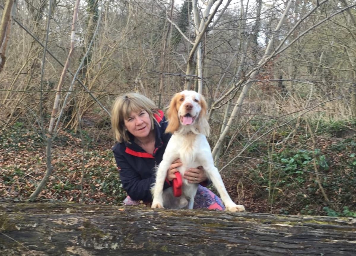 A woman next to a dog in a forest setting